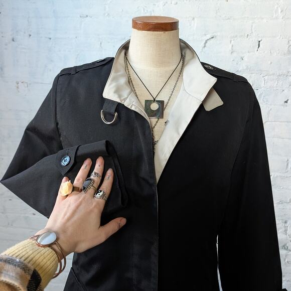 Vintage Black Trench Coat Longline Minimalist Wool Coat Duster Jacket Medium - Picture 5 of 9